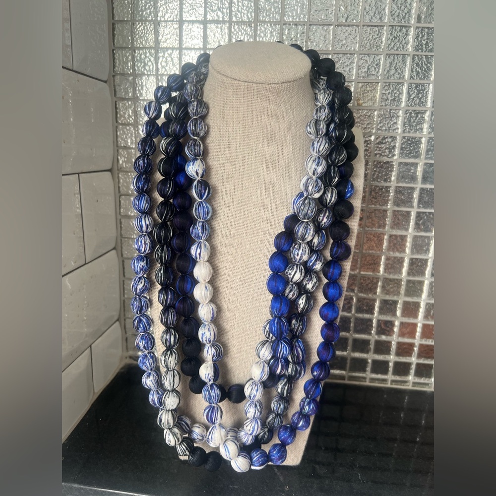 Anthropologie Blue and Black silk wrapped bead Necklace extra long
